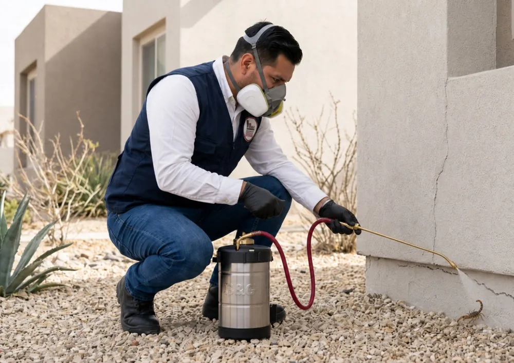 Técnico de Control Total de Plagas realizando aspersión perimetral contra alacranes y otras plagas en una casa de Ciudad Juárez