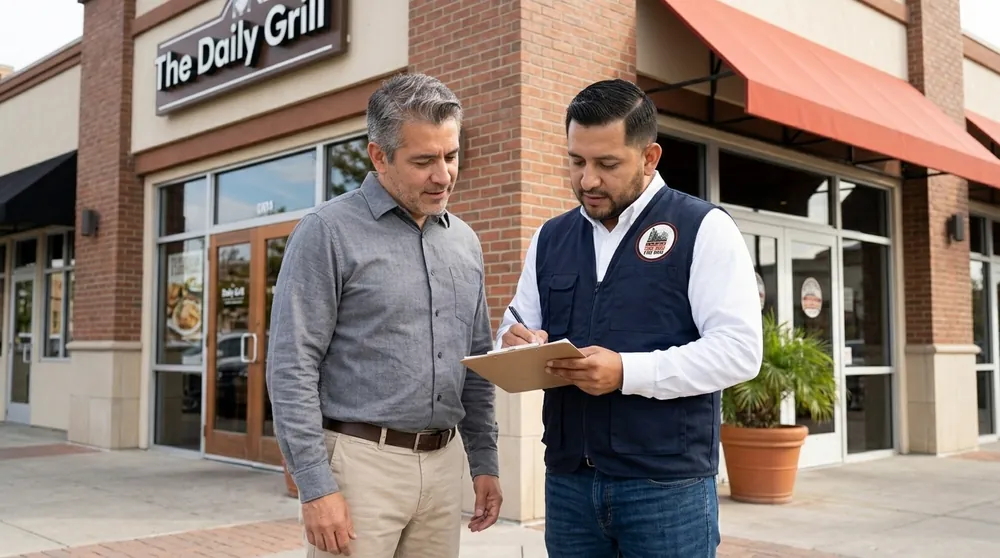 Técnico de Control Total de Plagas firmando la bitácora del servicio mensual con el gerente de un restaurante en Ciudad Juárez