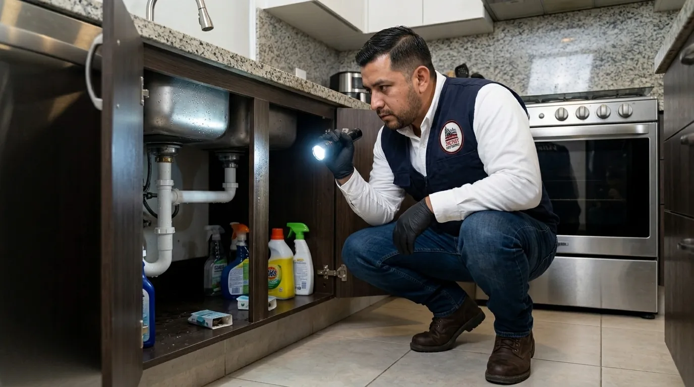 Fumigación de cucarachas en la cocina de una casa de Ciudad Juárez por un técnico de Control Total de Plagas