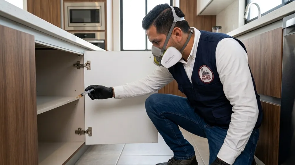 Técnico de Control Total de Plagas aplicando gel cebo contra cucarachas en una cocina de Ciudad Juárez