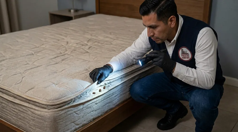 Técnico de Control Total de Plagas inspeccionando un colchón en busca de chinches de cama en Ciudad Juárez
