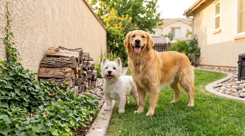 Perro feliz en el patio de una casa de Ciudad Juárez después del tratamiento contra garrapatas y pulgas
